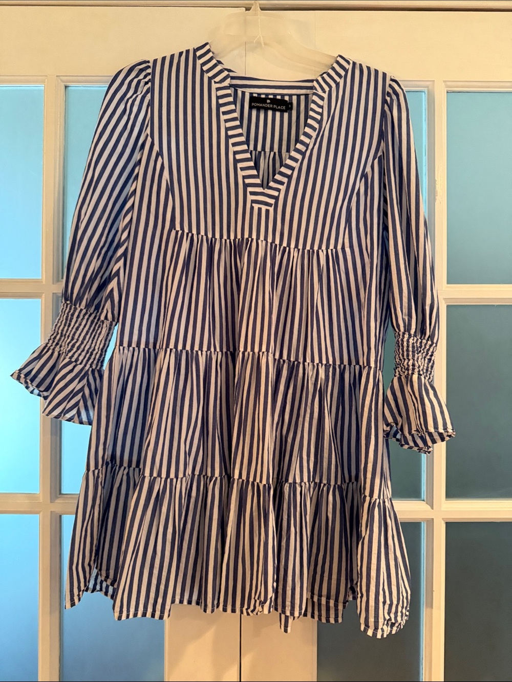Pomander Place Navy and White Striped Tiered V-Neck Dress